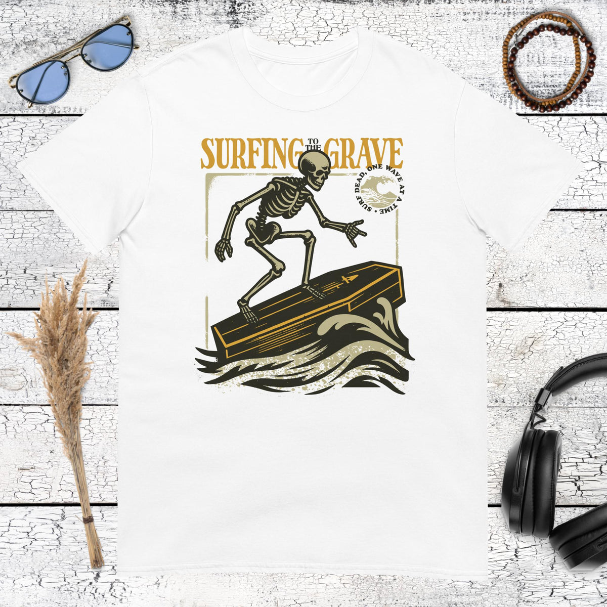Surfing to the Grave T-Shirt – white, front view