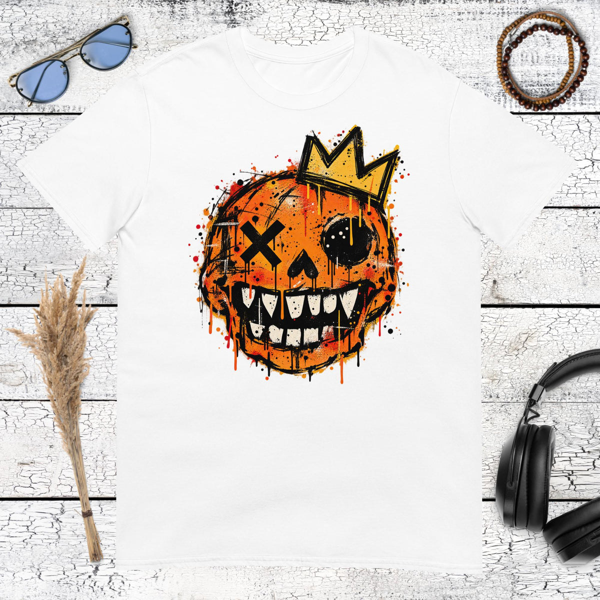 Basquiat Inspired Crown Pumpkin T-Shirt – white, front view