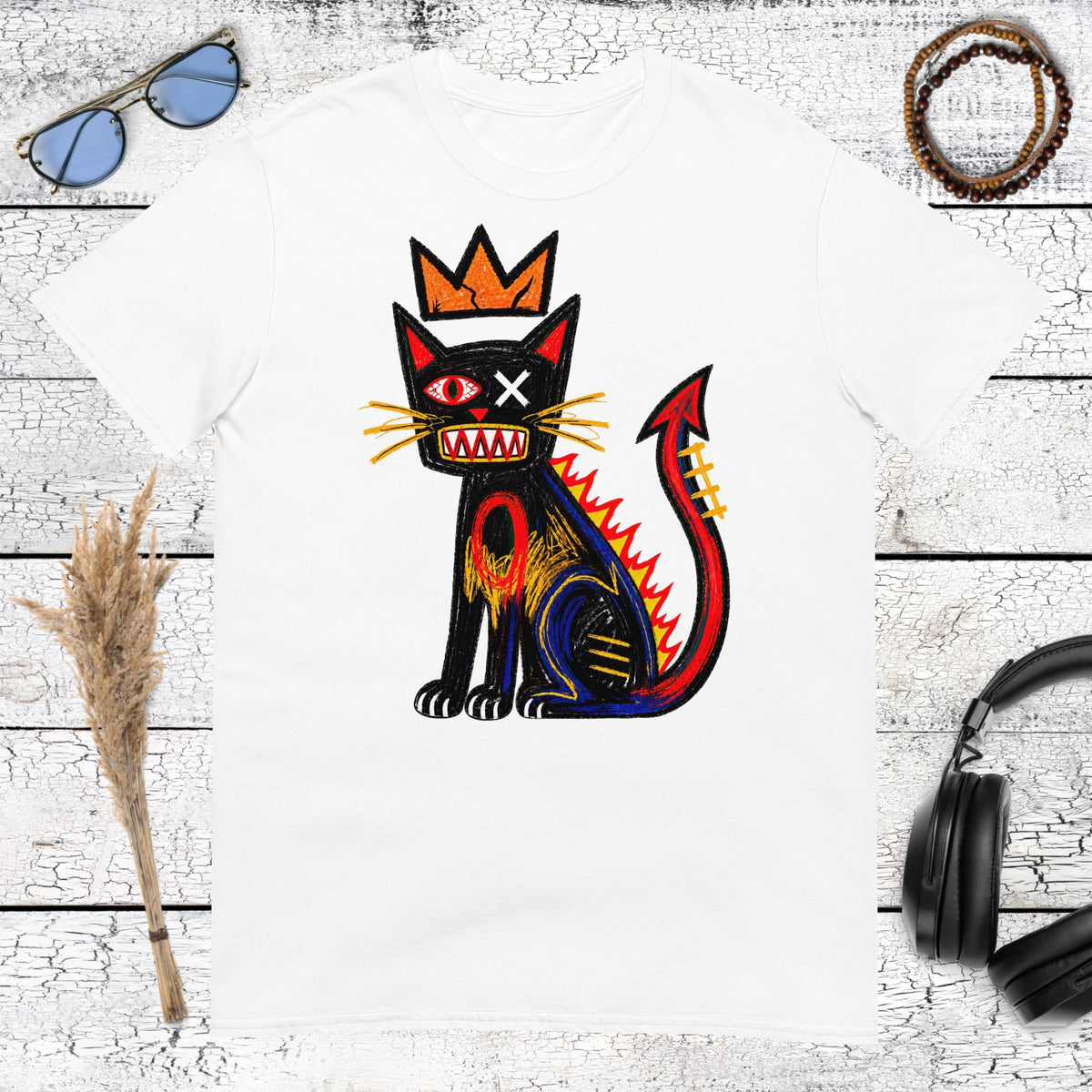 Basquiat Inspired Devil Cat T-Shirt – white, front view