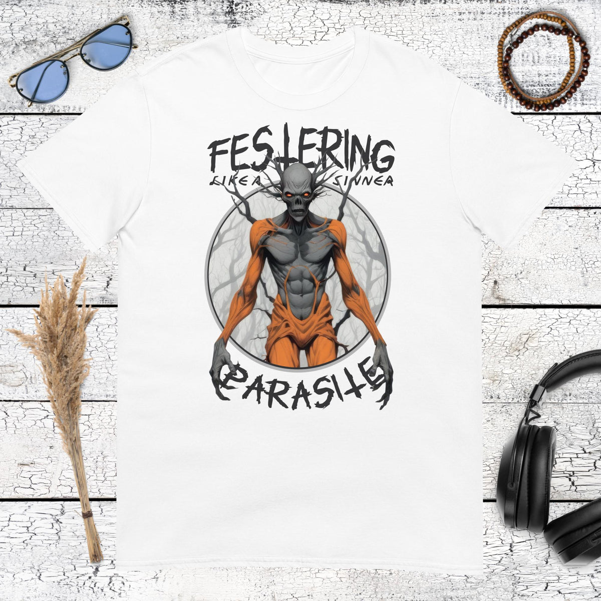 Festering Parasite Horror T-Shirt – white, front view