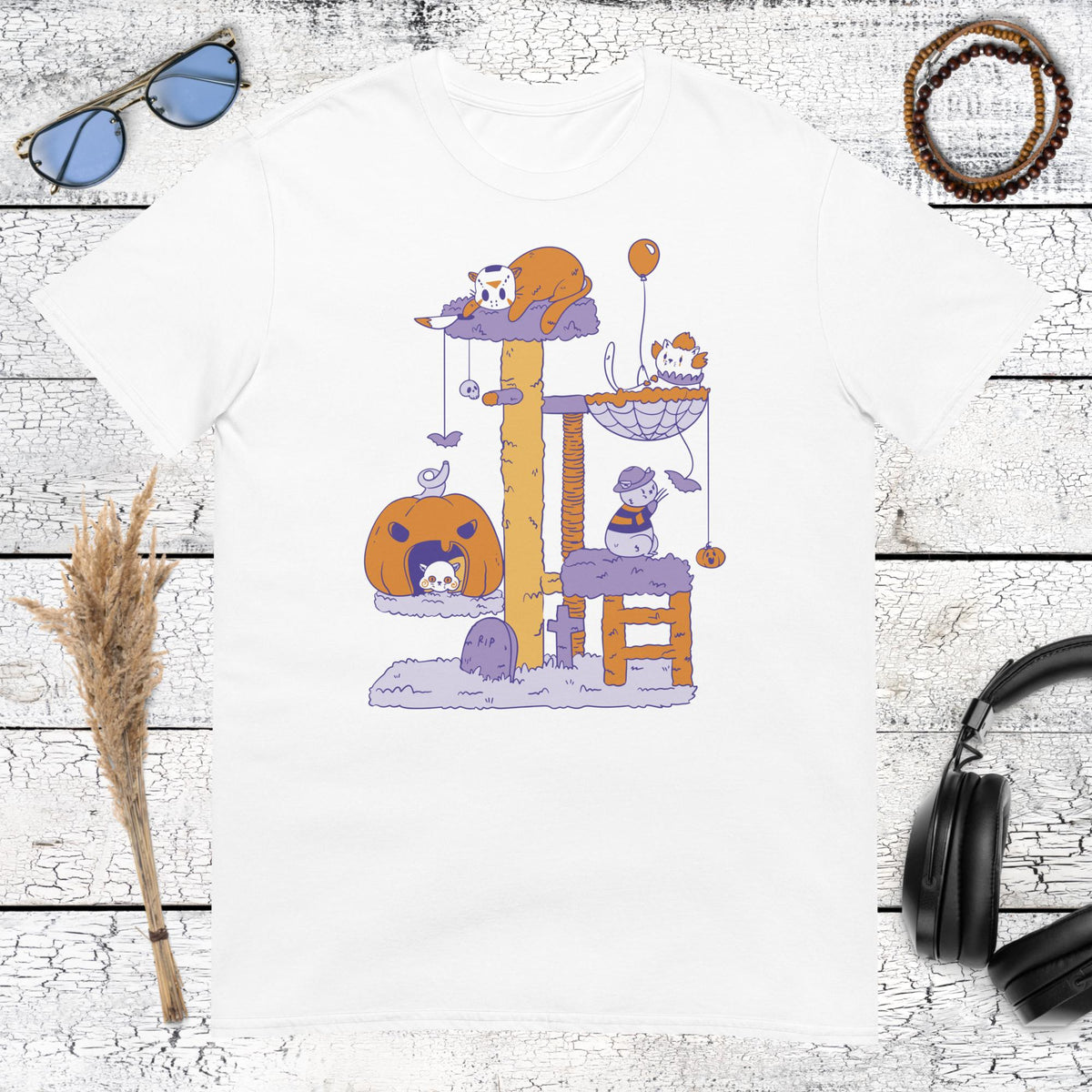 Halloween Cat Tree T-Shirt – white, front view