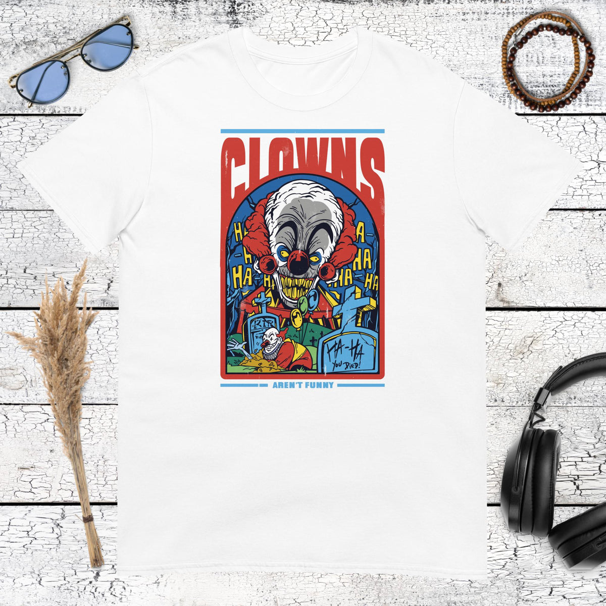 Clowns Aren’t Funny Horror T-Shirt – white, front view