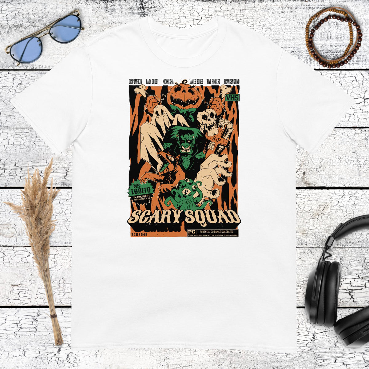 Scary Squad Retro Horror T-Shirt – white, front view