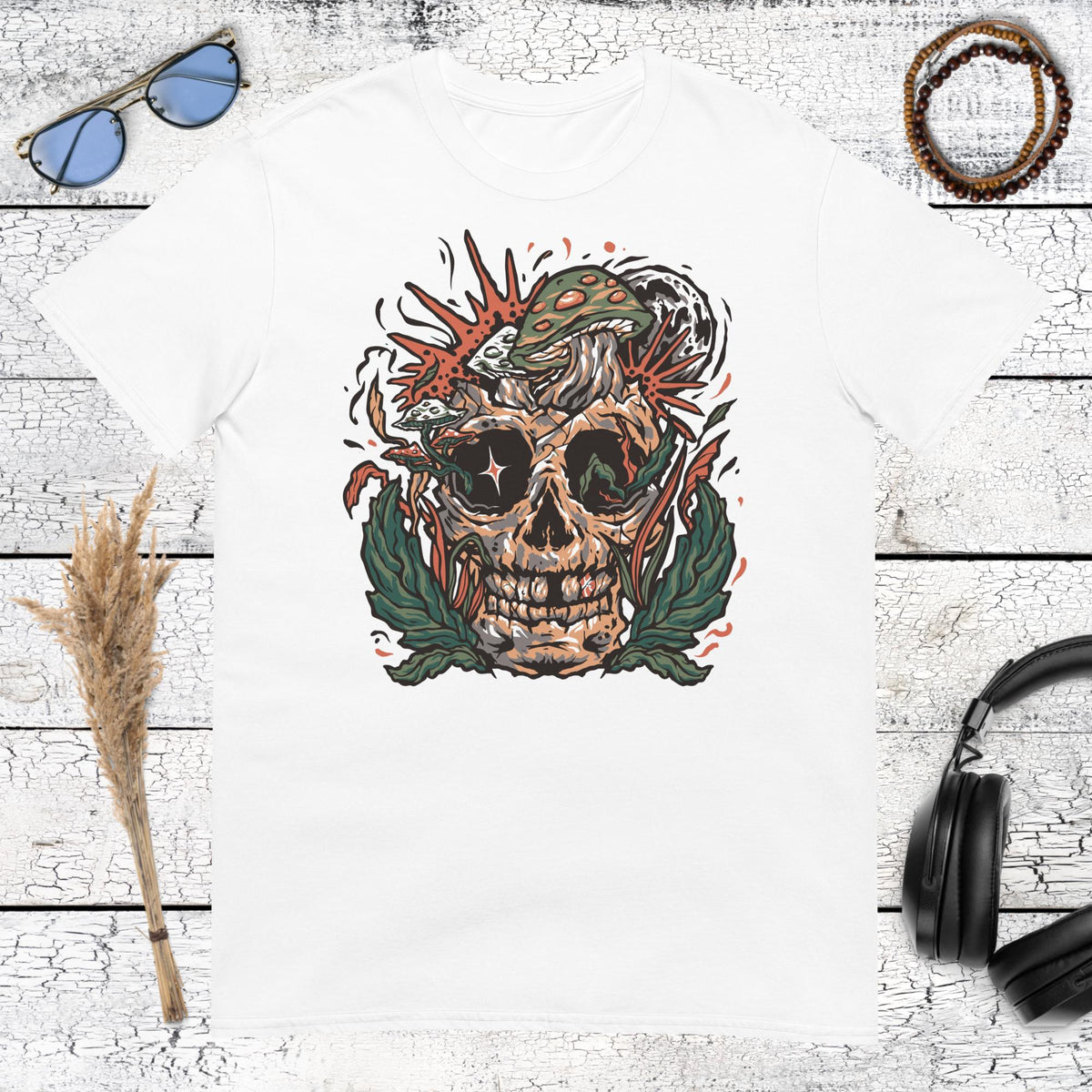 Mushroom Skull Psychedelic T-Shirt – white, front view