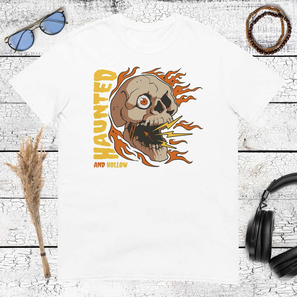 Haunted and Hollow Skull T-Shirt – white, front view