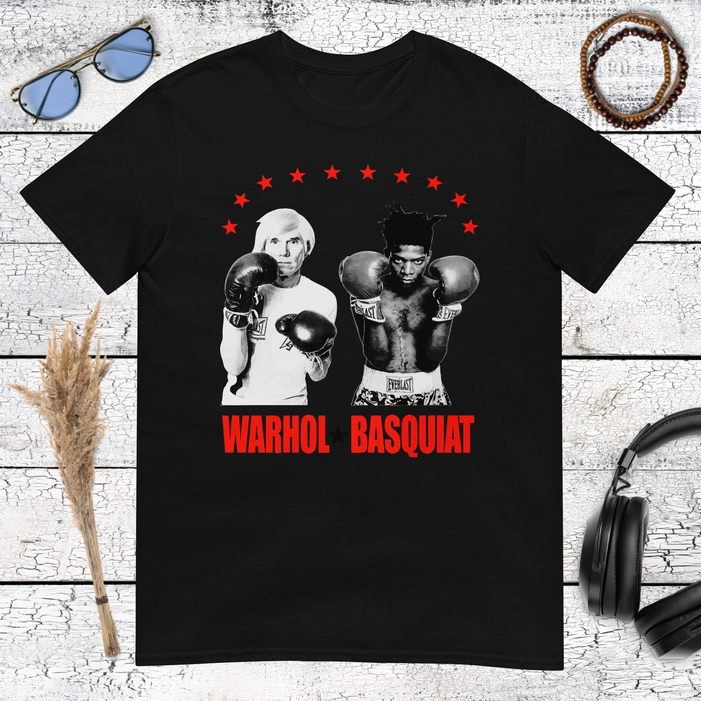 Black t-shirt featuring the iconic Warhol and Basquiat boxing match poster graphic