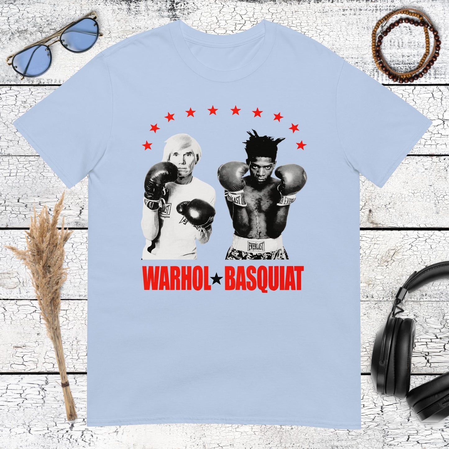 Light blue cotton t-shirt with Warhol and Basquiat boxing match illustration