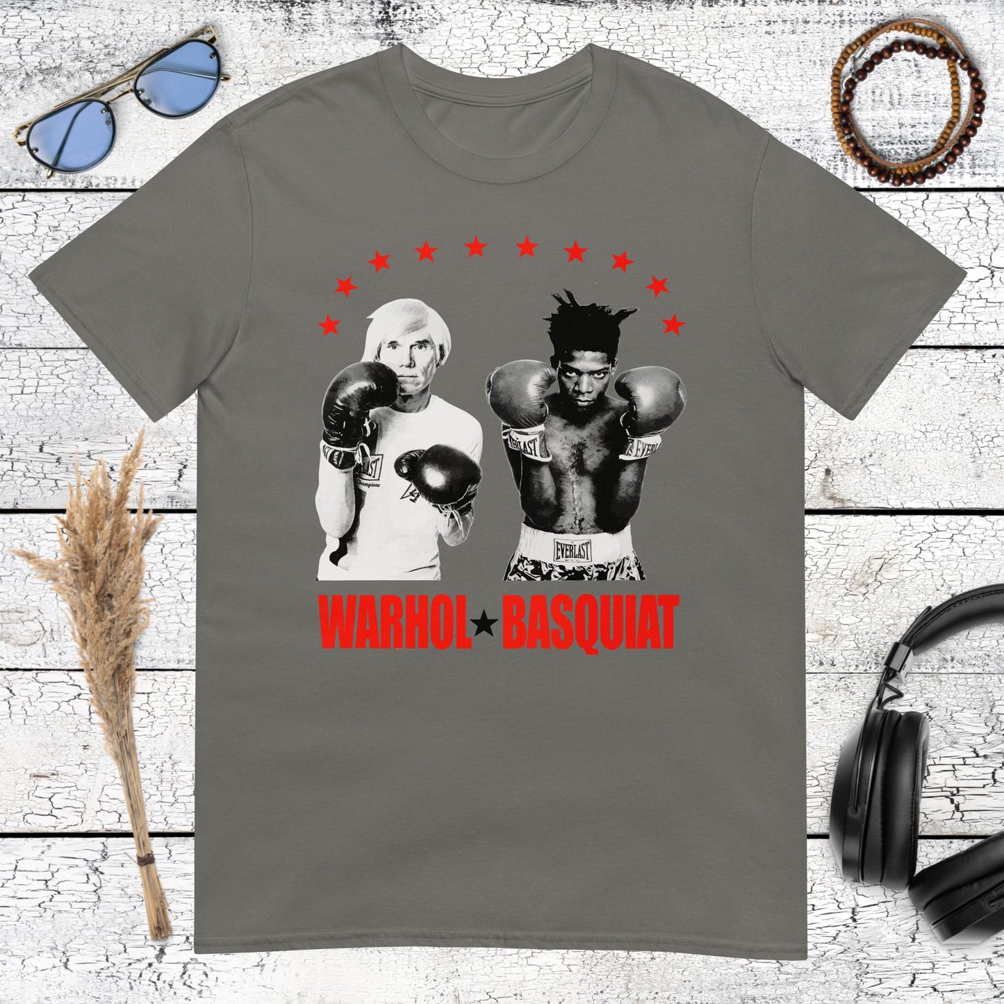 Dark charcoal t-shirt featuring the famous Warhol and Basquiat boxing photo