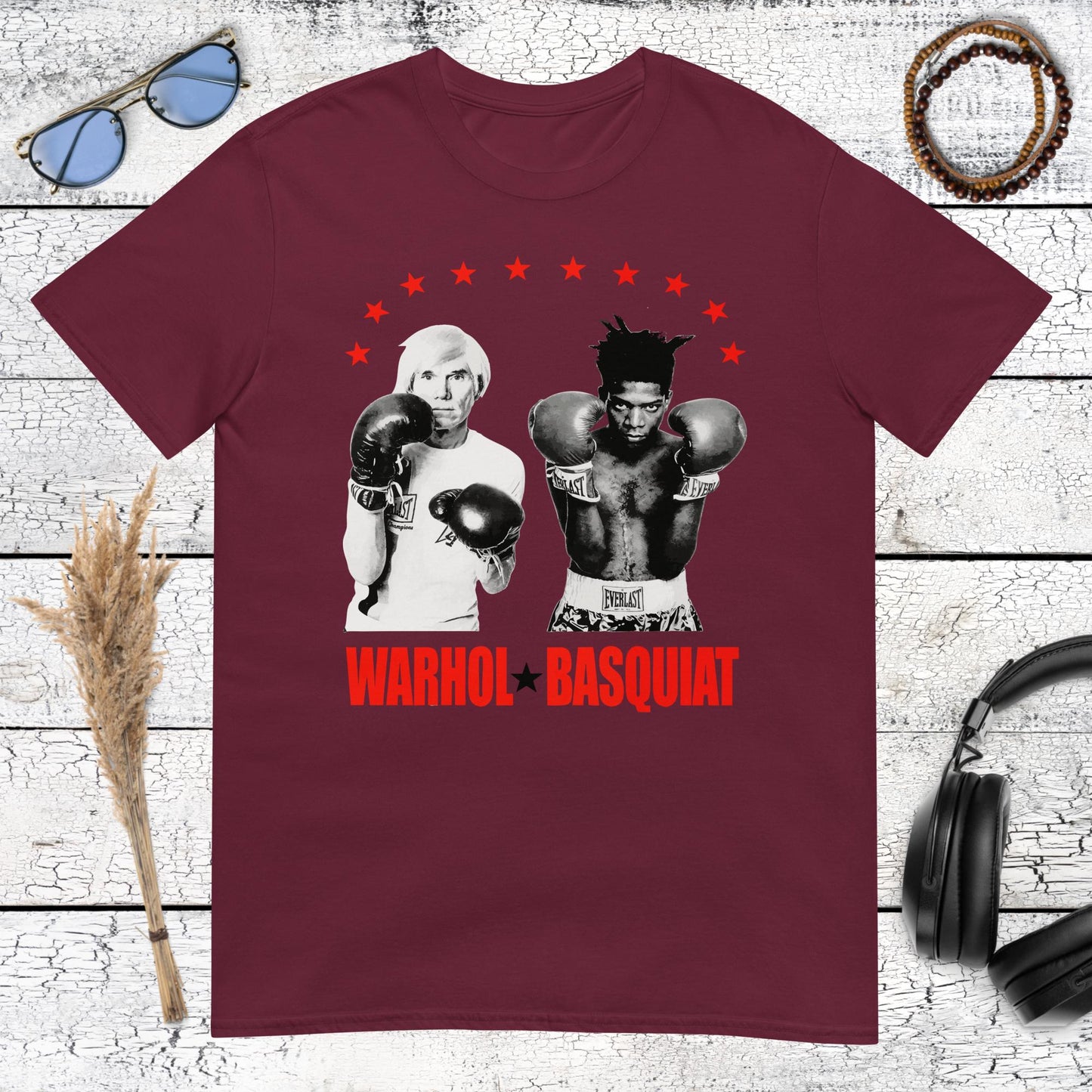 Maroon t-shirt with Andy Warhol and Jean-Michel Basquiat boxing art