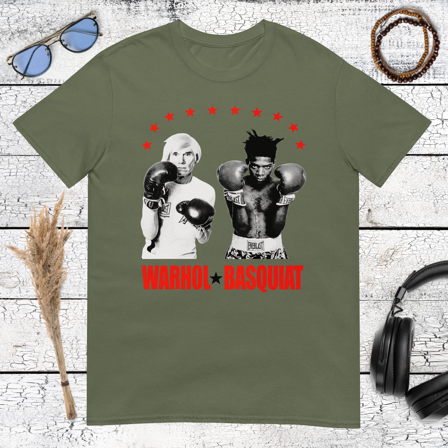 Military green streetwear tee with Warhol vs Basquiat inspired boxing graphic