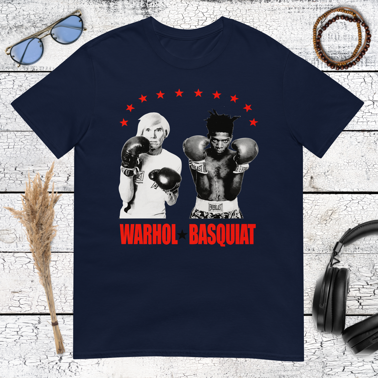 Navy blue t-shirt with Warhol vs Basquiat boxing match art illustration