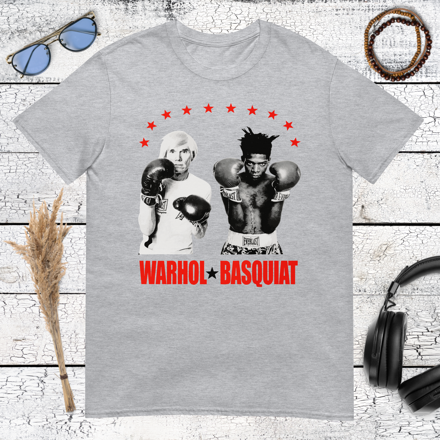 Sport grey t-shirt with vintage Warhol and Basquiat boxing poster design