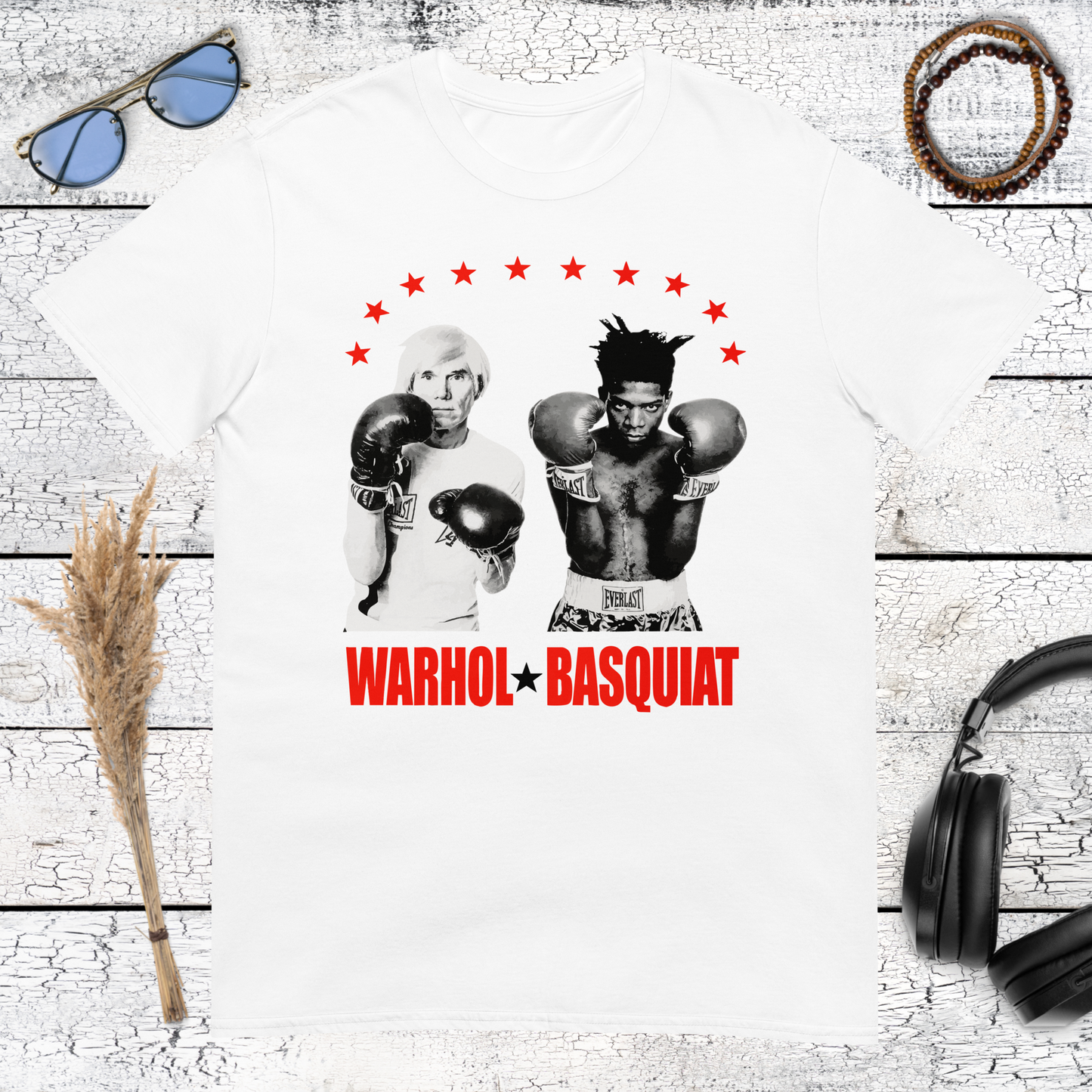 White graphic t-shirt featuring Warhol and Basquiat boxing match art