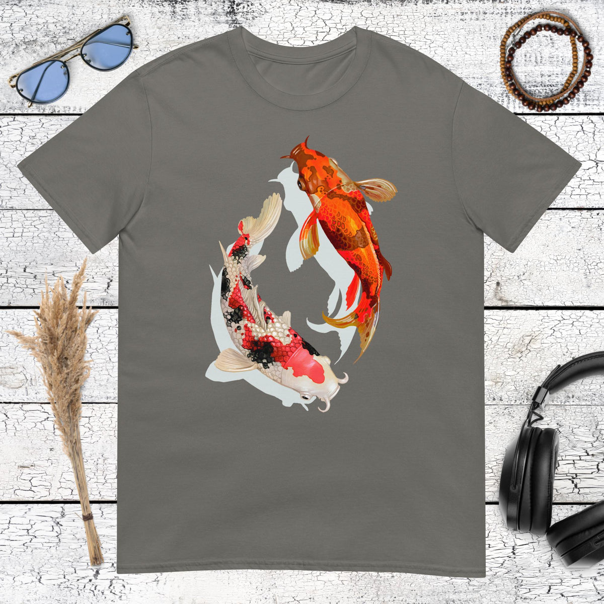 Dark charcoal t-shirt featuring symbolic Koi fish Yin Yang art
