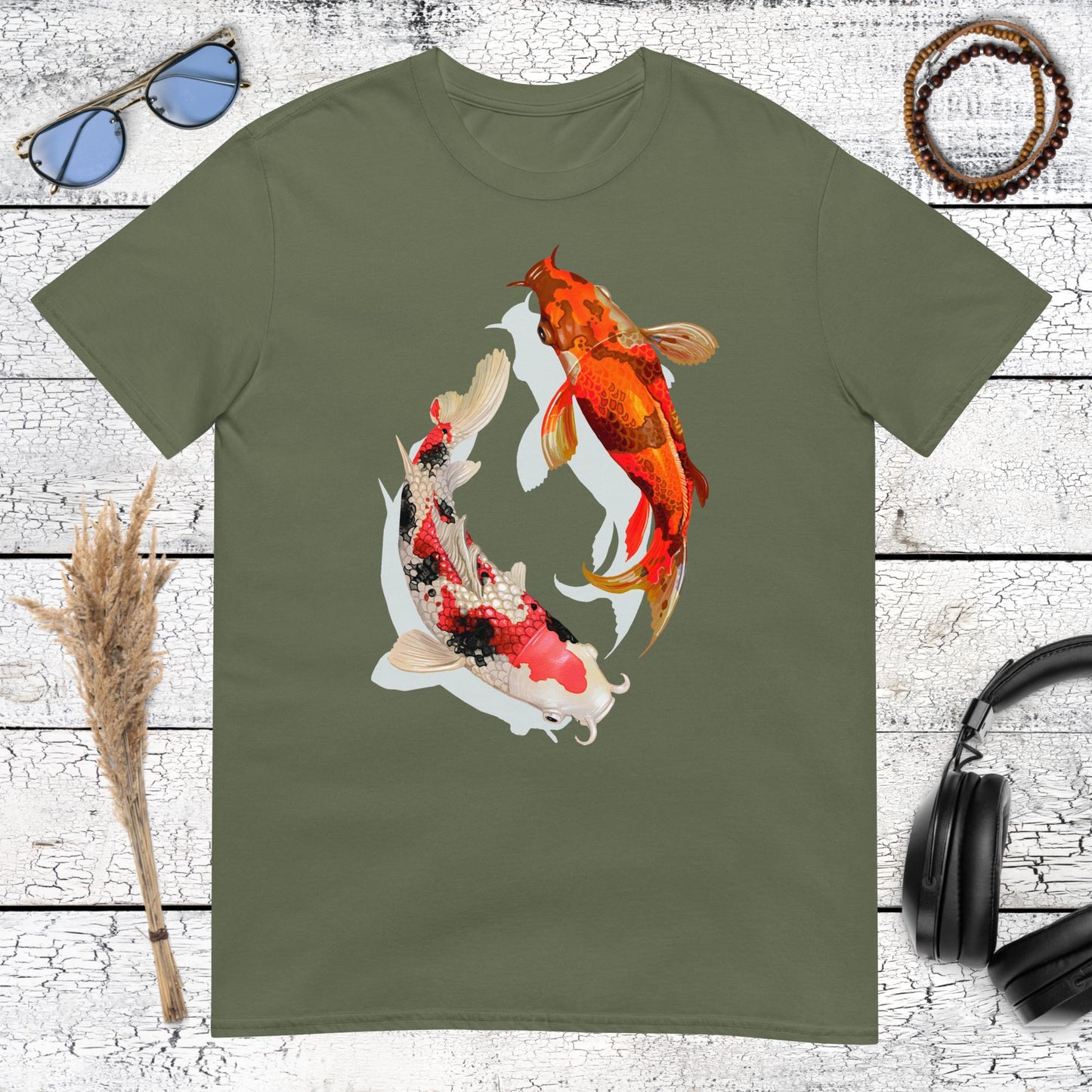 Military green t-shirt featuring a Japanese-inspired Koi fish illustration