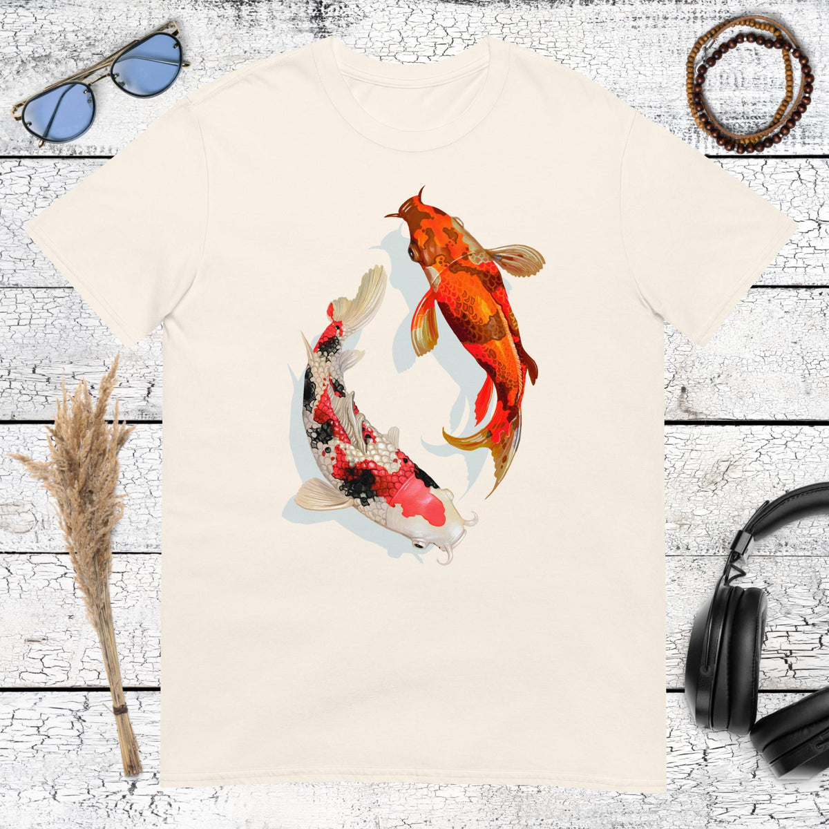 Natural cream t-shirt with a Zen-style Yin Yang Koi fish graphic