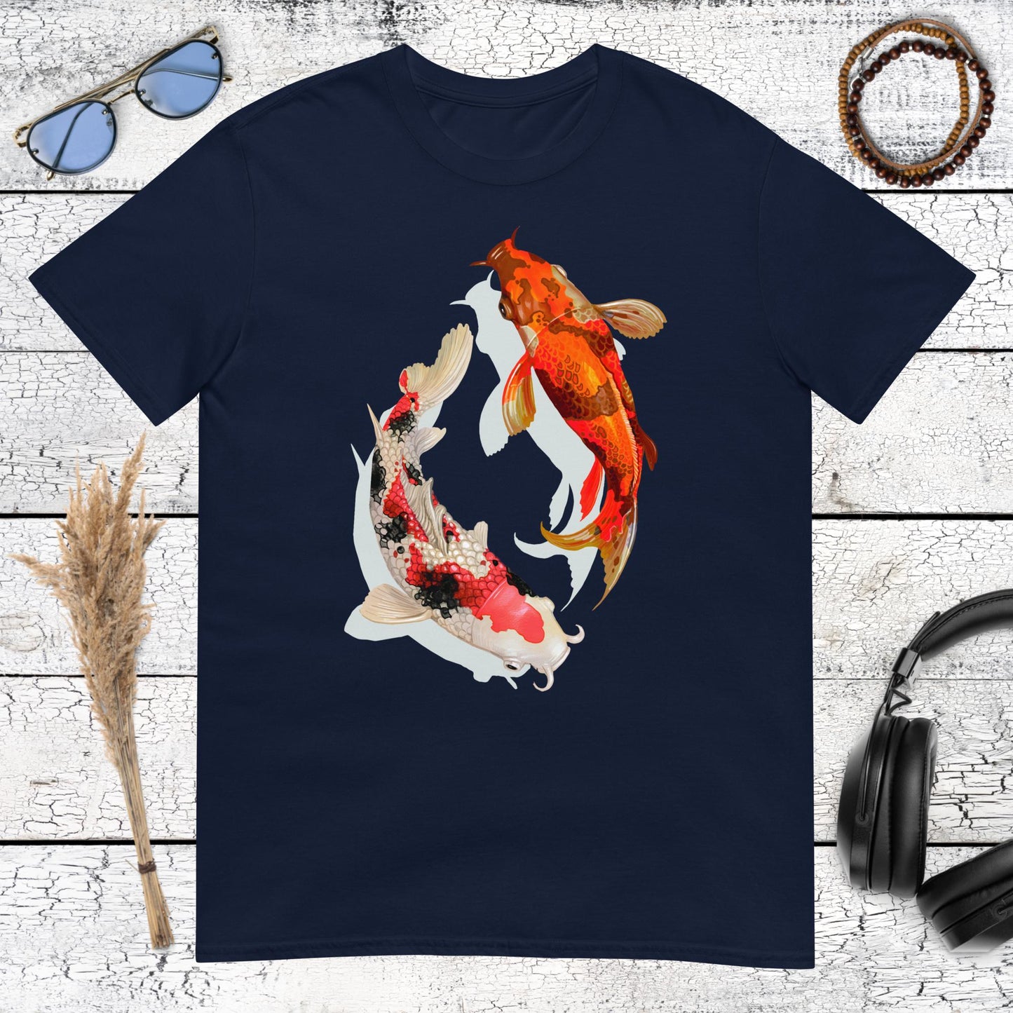 Navy blue t-shirt with Japanese aesthetic Koi fish Yin Yang art