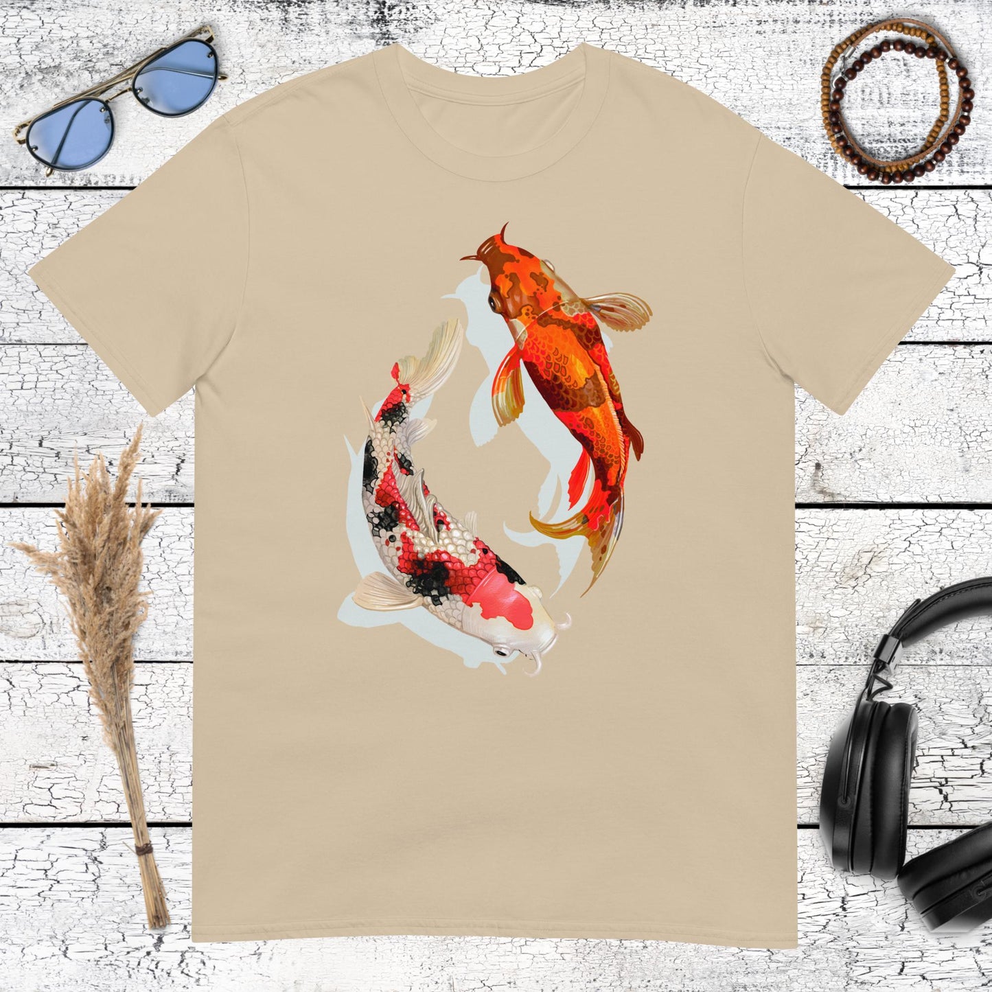 Sand colored t-shirt with a peaceful Koi fish Yin Yang graphic
