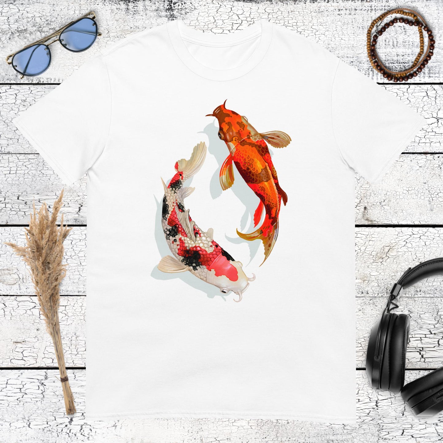 White cotton t-shirt with a artistic Koi fish Yin Yang design