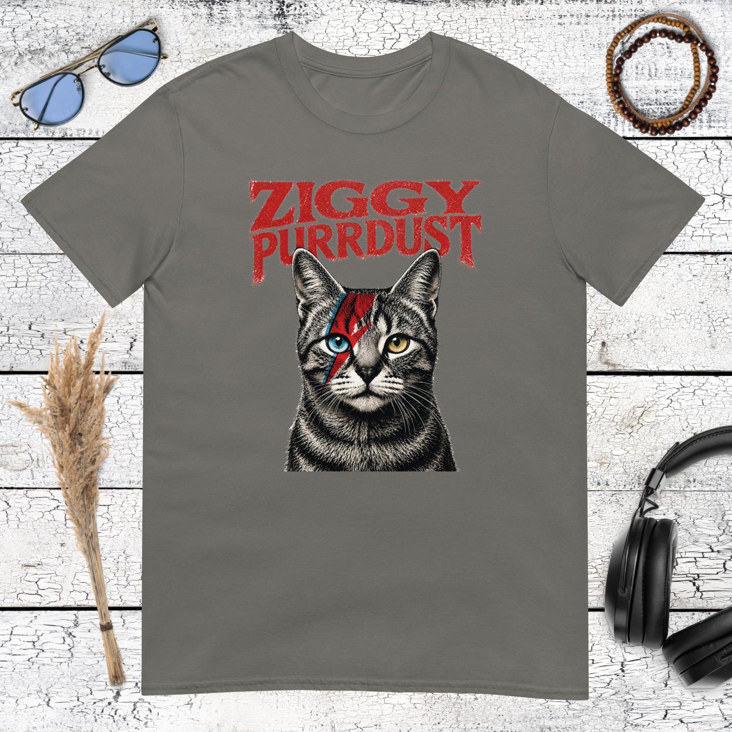 Dark charcoal grey t-shirt with a glam rock cat Ziggy Purrdust graphic