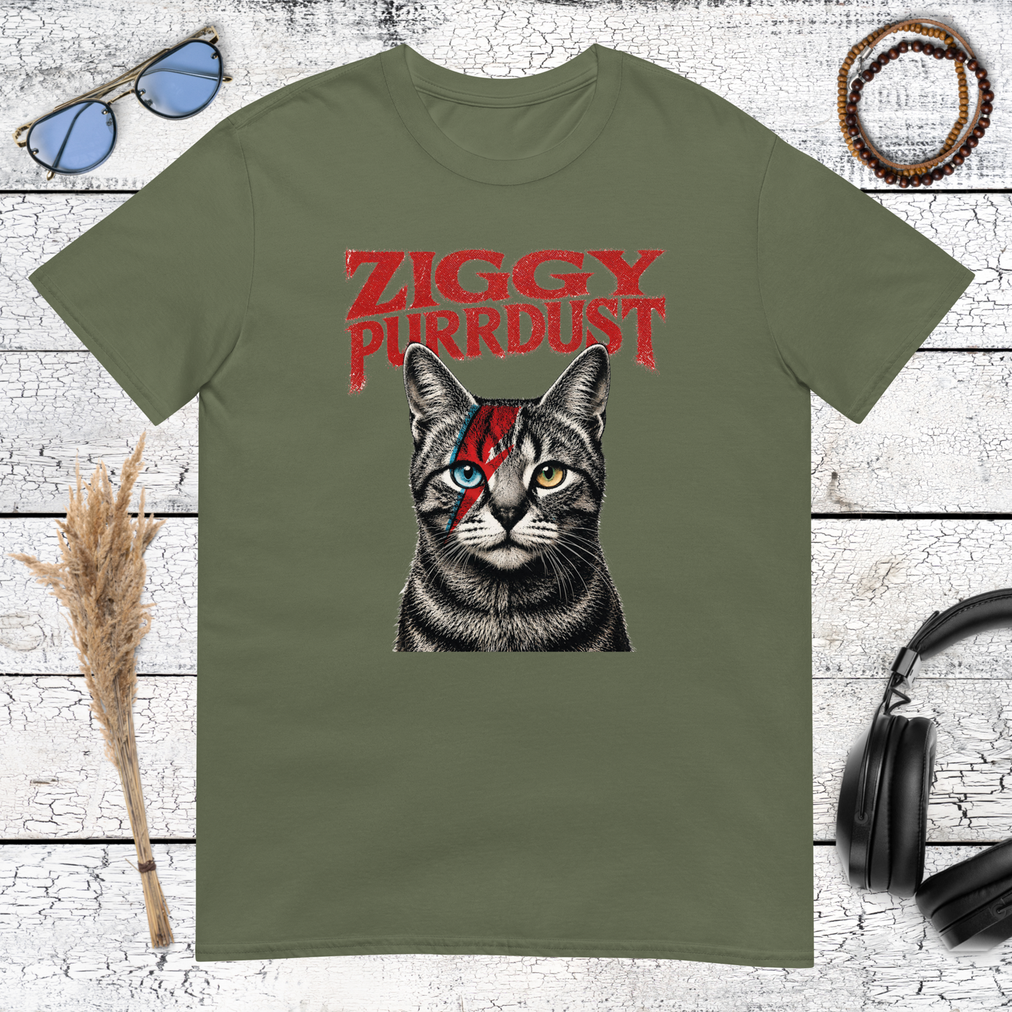 Military green t-shirt with a funny David Bowie inspired cat graphic