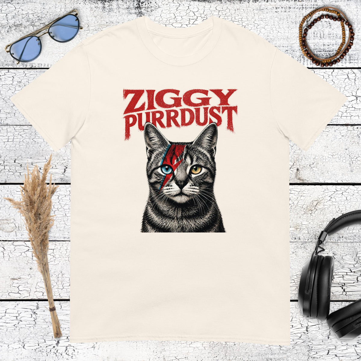 Natural cream colored tee with Ziggy Purrdust rock and roll cat art