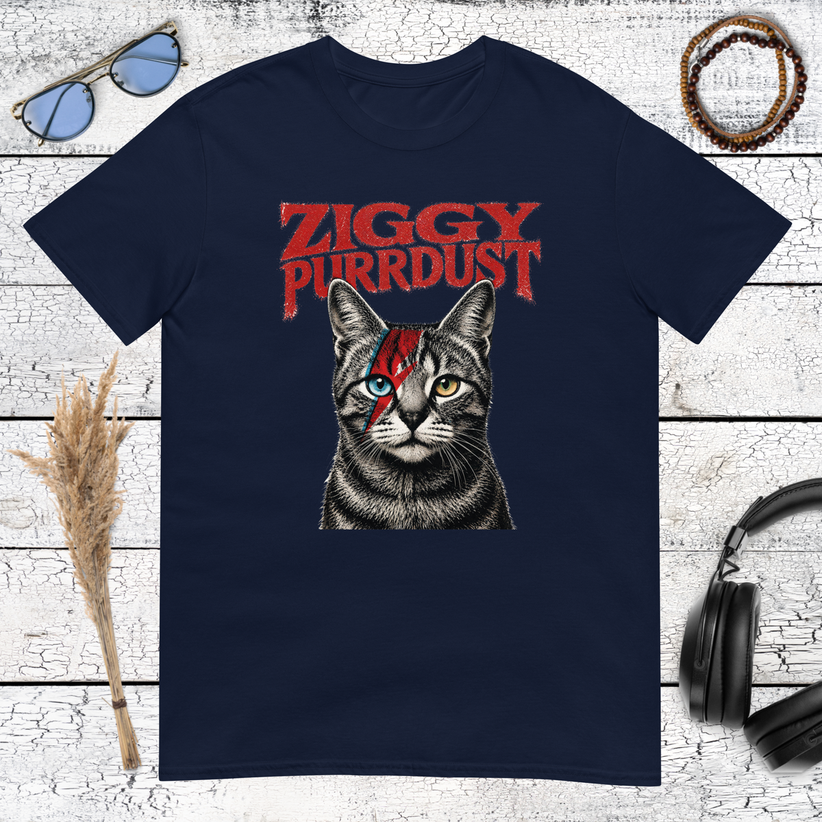 Navy blue t-shirt with David Bowie style cat parody art illustration