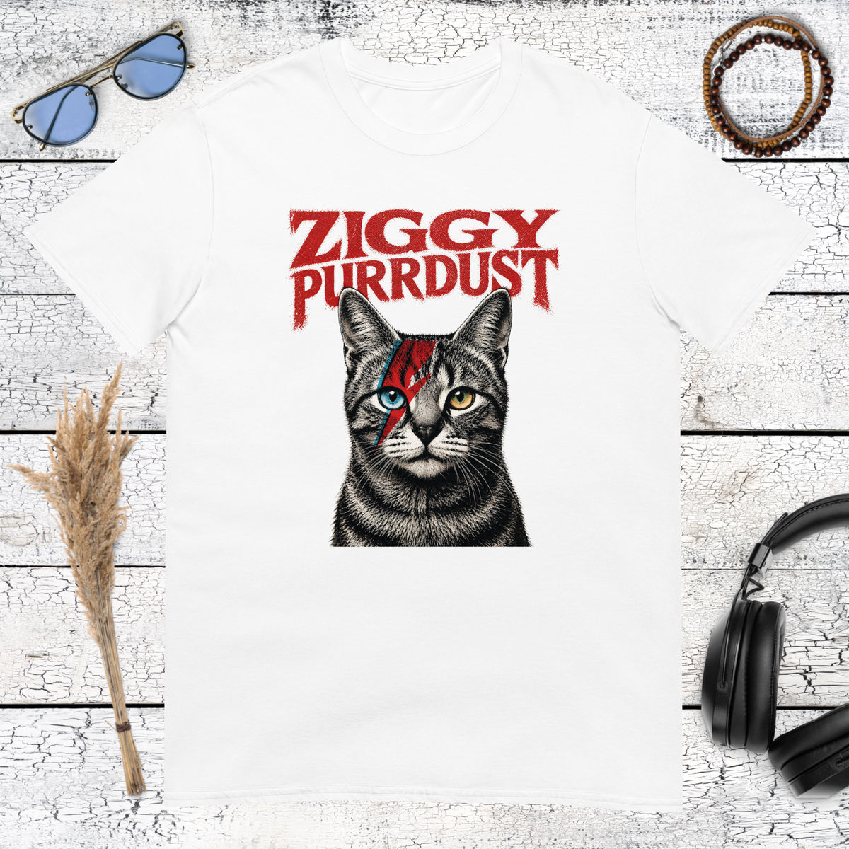 White t-shirt featuring an iconic cat version of Ziggy Stardust glam rock star