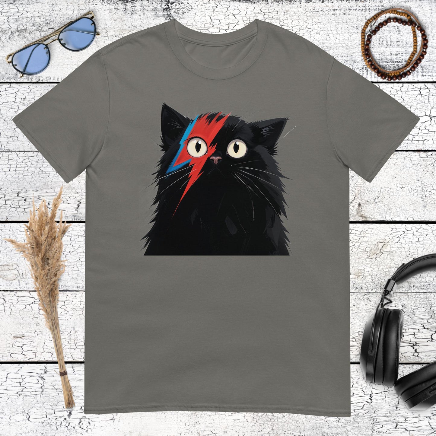 charcoal t-shirt featuring the iconic Ziggy Stardust David Bowie glam rock cat