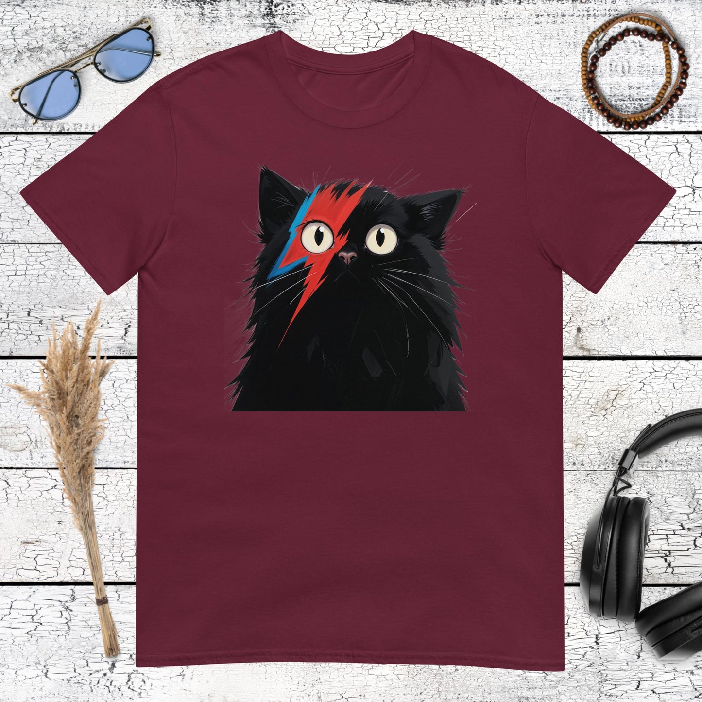 Maroon t-shirt featuring a funny David Bowie Stardust cat parody