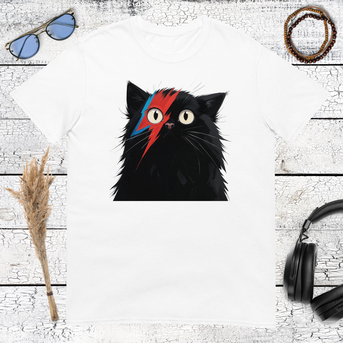 White t-shirt with the legendary David Bowie Ziggy Stardust lightning bolt cat