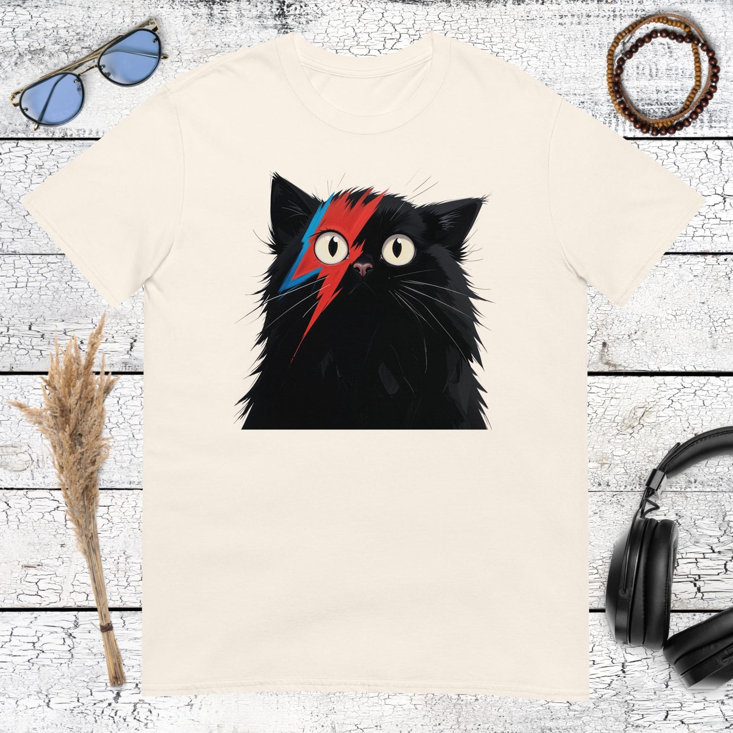 Natural cream t-shirt with David Bowie style Stardust cat illustration
