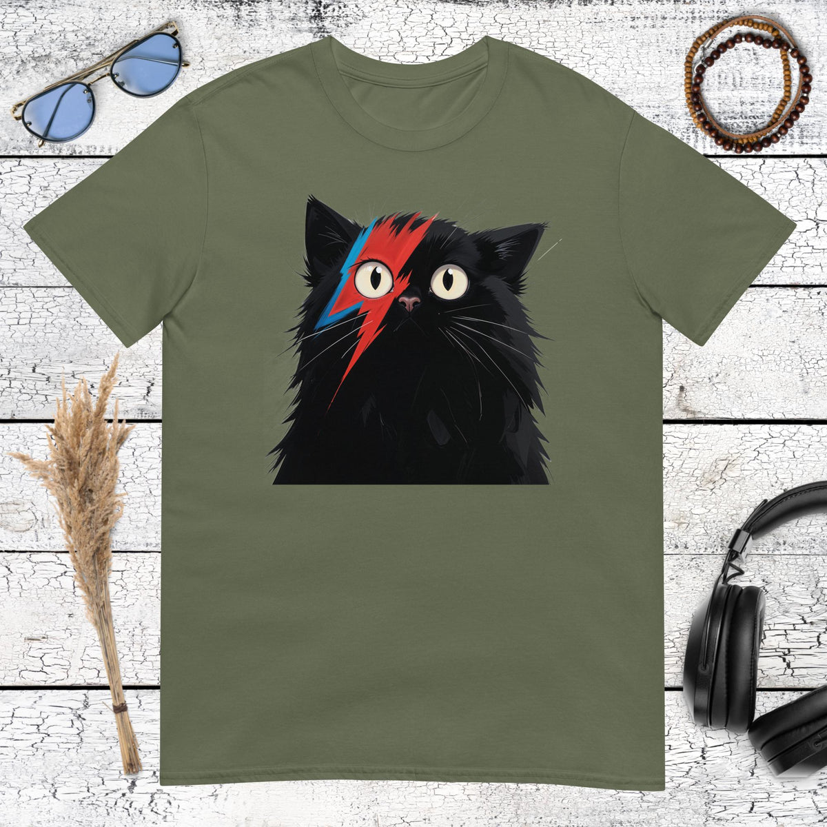 Military green t-shirt with David Bowie inspired Ziggy Stardust cat art