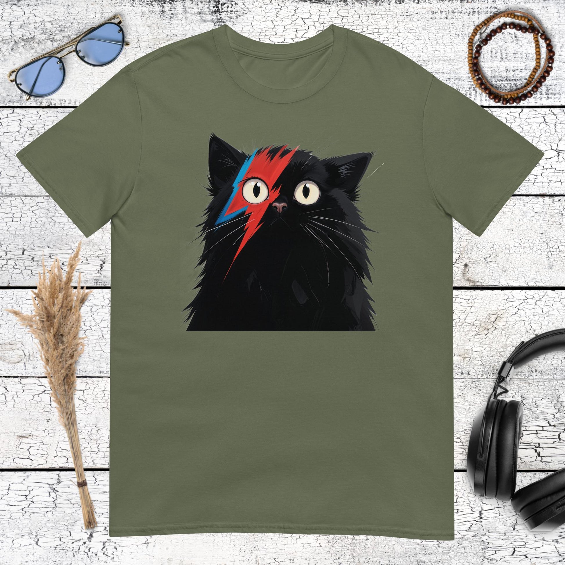Military green t-shirt with David Bowie inspired Ziggy Stardust cat art