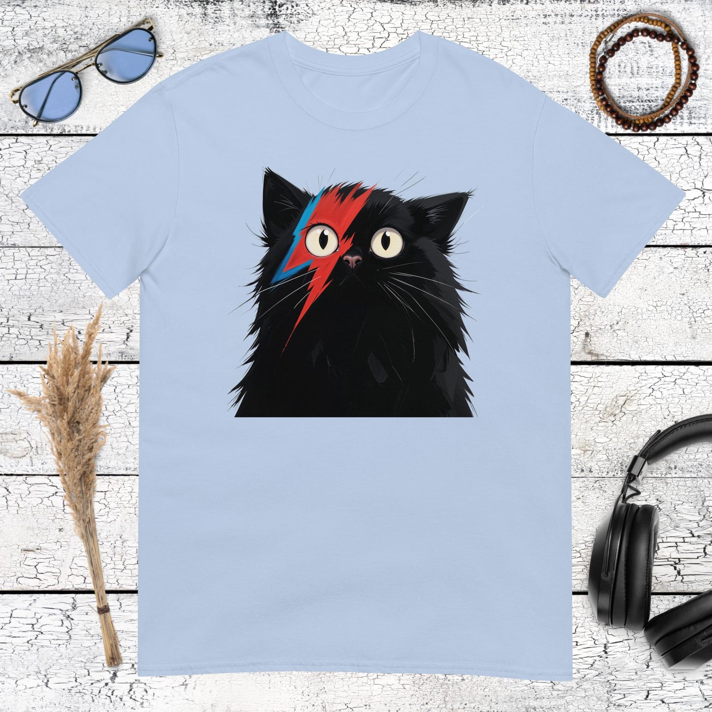 Light blue cotton t-shirt with a glam rock Stardust cat parody art