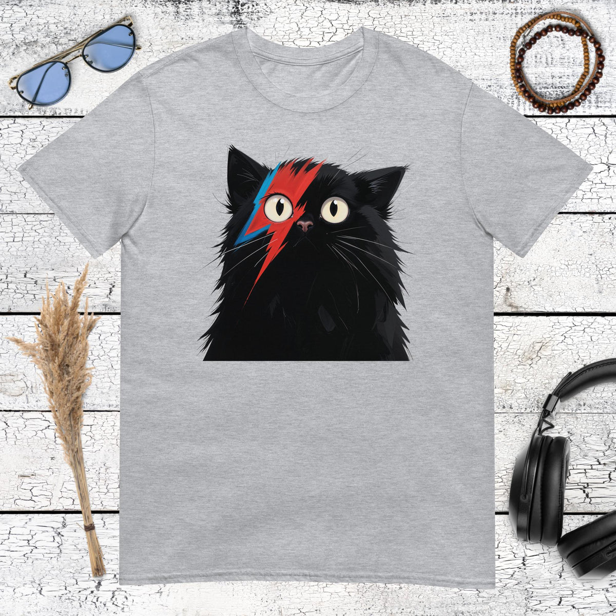 Sport grey t-shirt with a retro Ziggy Stardust David Bowie cat rock and roll design